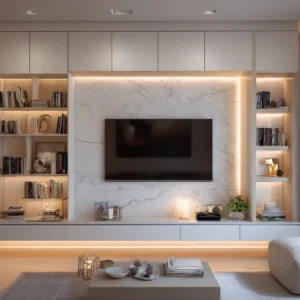 Modern White TV Unit with Open and Closed Storage
